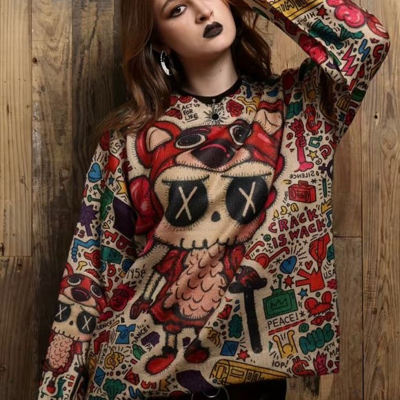 Womens Sweater With Multicolored Designs Small S Stretch Round Neck Print Logo - Picture 4 of 15